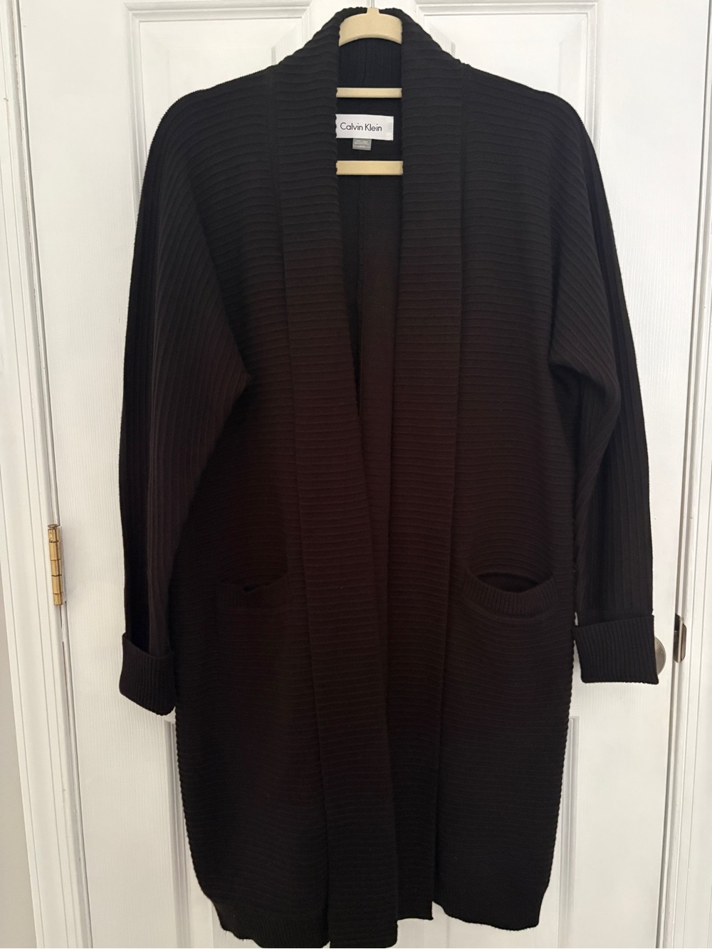 Calvin Klein Black Ribbed Shawl-Collar Open Cardigan #418
